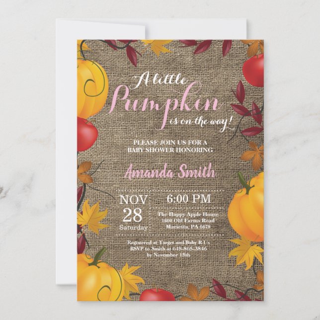 invitación de baby shower de niña con arpillera de (Anverso)