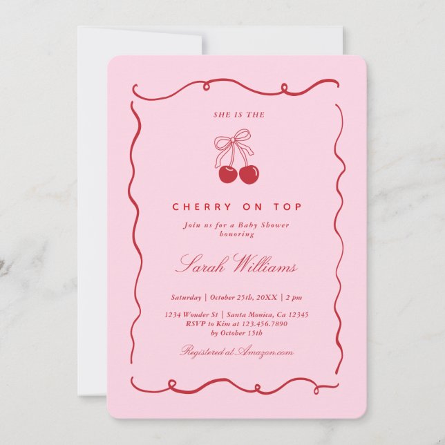 Invitación de Baby Shower de niña con cereza en la (Anverso)