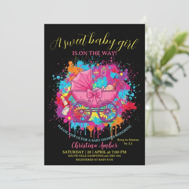 Invitación de Baby Shower de Niña con Cochecito y  (Anverso de pie)