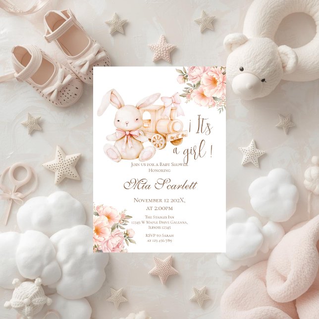 Invitación de baby shower de niña con conejo rosa (Subido por el creador)