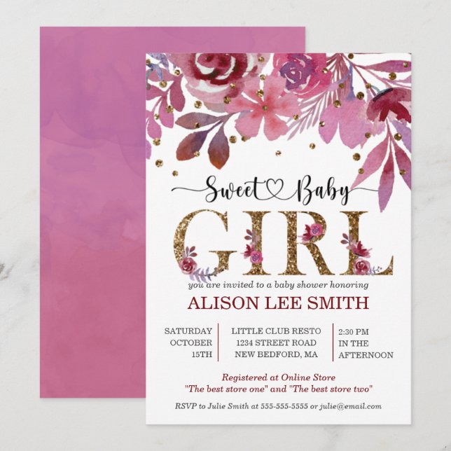 Invitación de Baby Shower de Niña con Confeti Lila (Anverso / Reverso)