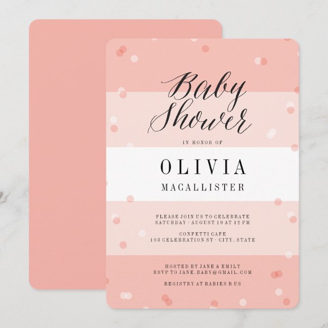 Invitación de Baby Shower de Niña con Confeti Rosa (Anverso / Reverso)
