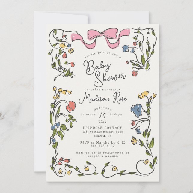 Invitación de Baby Shower de Niña con Doodle Flora (Anverso)