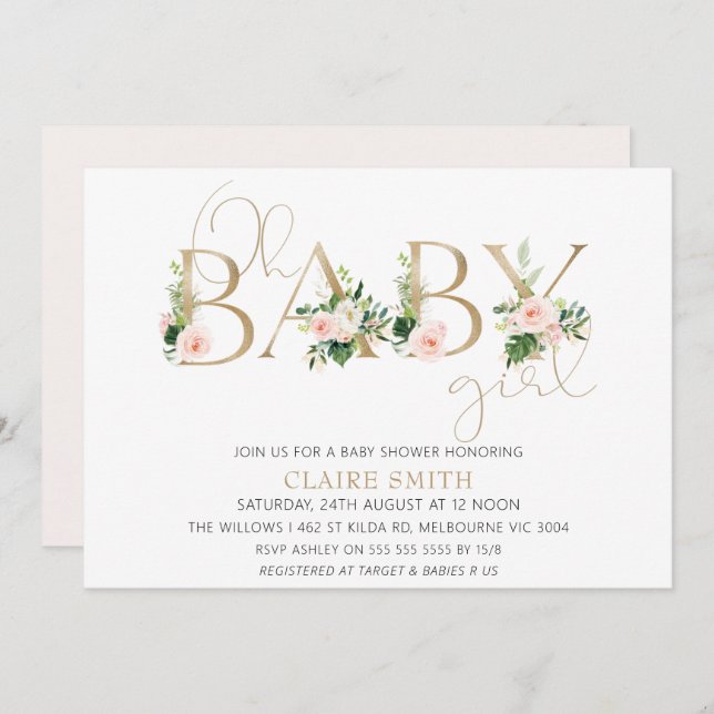 Invitación de Baby Shower de Niña con Floral de Pa (Anverso / Reverso)