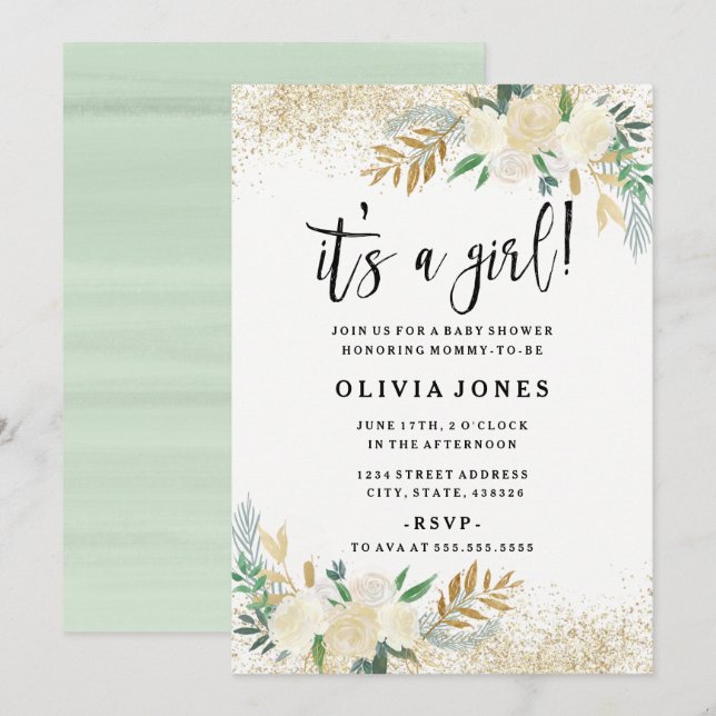 Invitación de baby shower de niña con flores bonit (Anverso / Reverso)