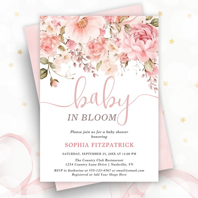 Invitación de Baby Shower de Niña con Flores de Ac (Baby in Bloom Watercolor Flowers Girl Baby Shower Invitation)