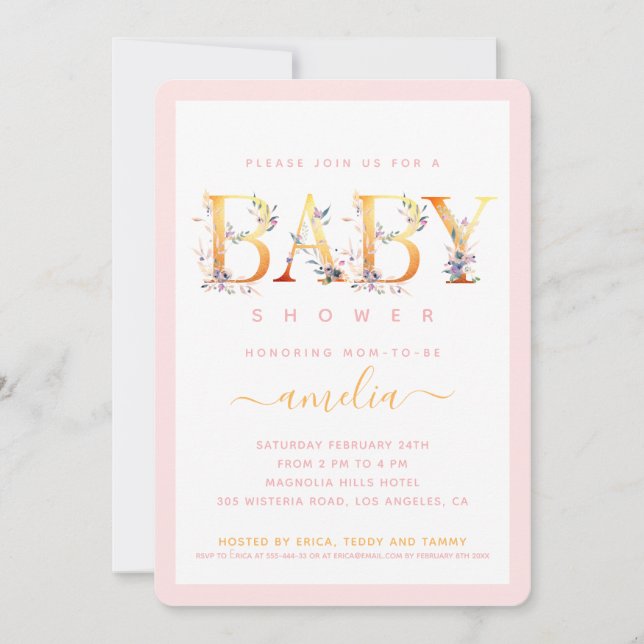 Invitación de Baby Shower de Niña con Flores Dorad (Anverso)