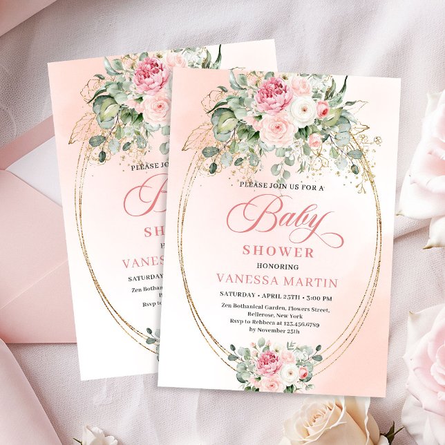 Invitación de Baby Shower de Niña con Flores Dorad (Timeless Blush Floral Gold Girl Baby Shower Invite)