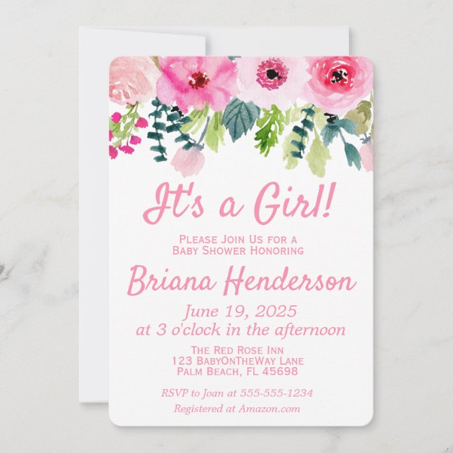 Invitación de baby shower de niña con flores rosad (Anverso)