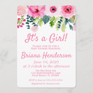 Invitación de baby shower de niña con flores rosad