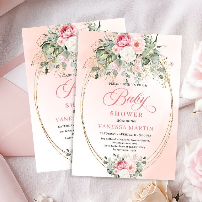 Invitación de Baby Shower de Niña con Flores Suave (Soft Bohemian Blush Floral Gold Baby Shower Invite)