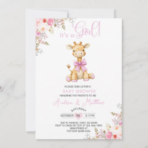 Invitación de baby shower de niña con jirafa rosa