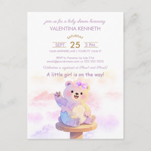 Invitación de Baby Shower de niña con osito de pel