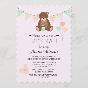 Invitación de Baby Shower de Niña con Oso de Peluc