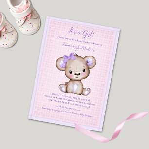 Invitación de baby shower de niña con oso marrón y