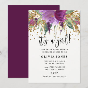 Invitación de Baby Shower de Niña con Purpura Glit