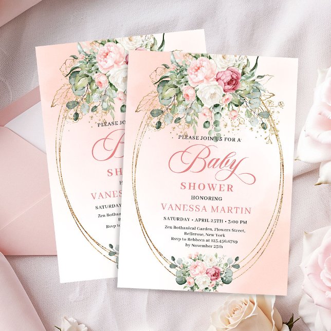 Invitación de Baby Shower de Niña con Rosas de Blu (Soft Blush Roses Greenery Girl Baby Shower Invitation)