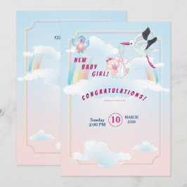 invitación de baby shower de niña con una cigüeña 