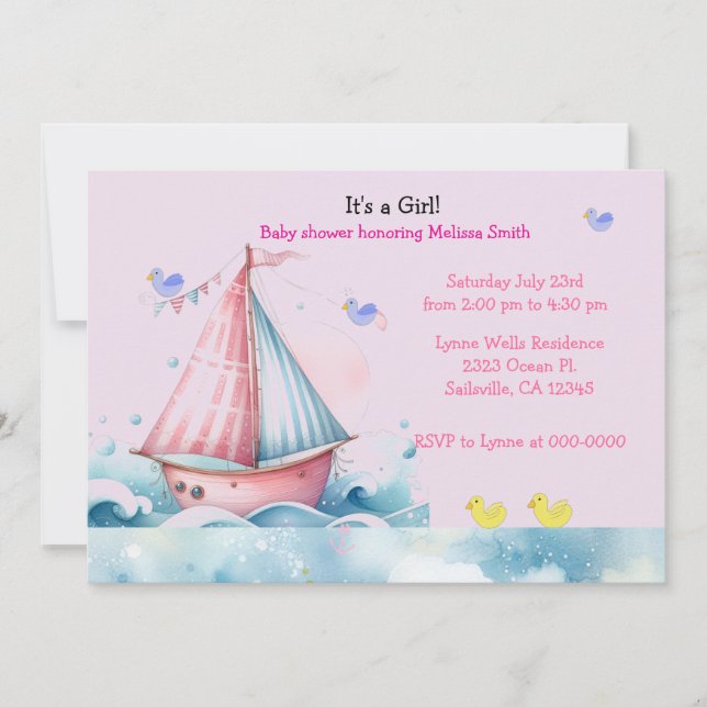 Invitación de Baby Shower de niña con velero náuti (Anverso)