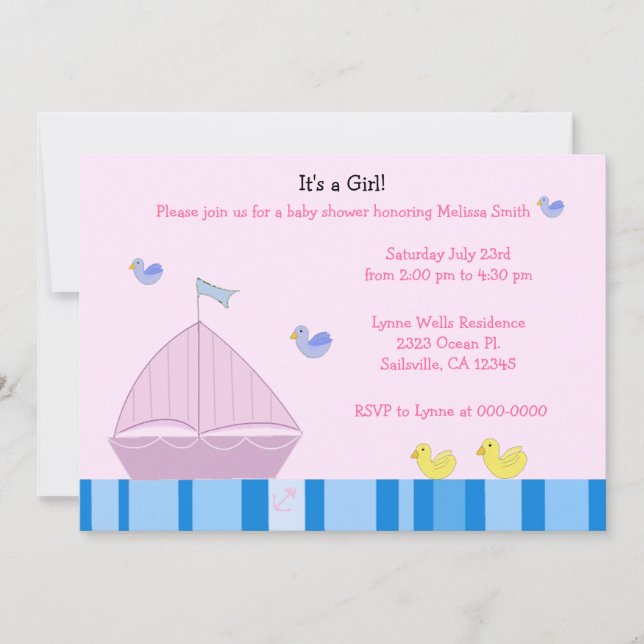 Invitación de Baby Shower de niña con velero náuti (Anverso)