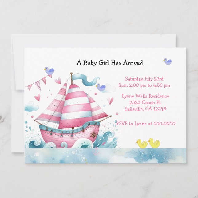 Invitación de Baby Shower de Niña con Velero Rosa  (Anverso)