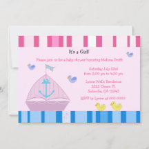 Invitación de Baby Shower de niña con velero y anc