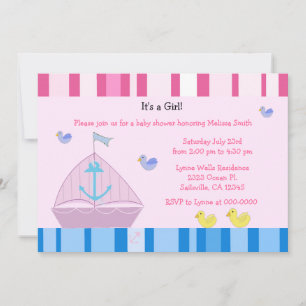 Invitación de Baby Shower de niña con velero y anc