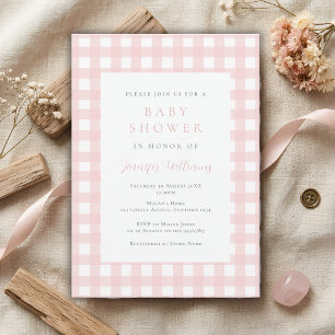 Invitación de baby shower de niña en rosa a cuadro