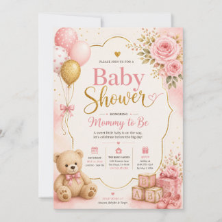 Invitación de Baby Shower de Niña en Rosa y Dorado