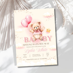 invitación de baby shower de niña, globos de osito