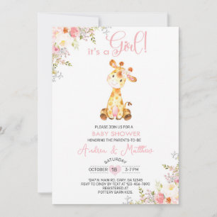 Invitación de baby shower de niña jirafa rosa flor
