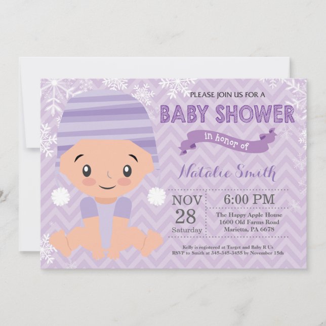 Invitación de Baby Shower de Niña Morado de Invier (Anverso)