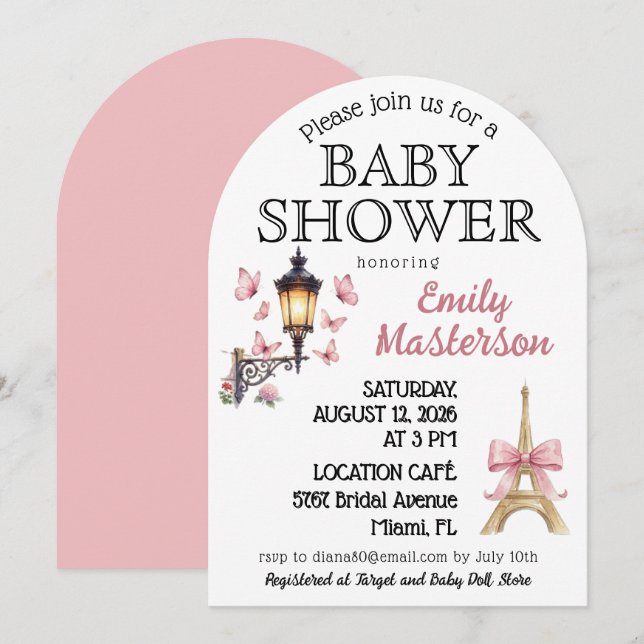 Invitación de Baby Shower de Niña Parisina Rosa (Anverso / Reverso)