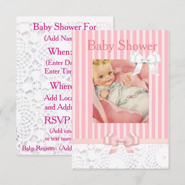 Invitación de baby shower de niña rosa con encaje (Anverso / Reverso)