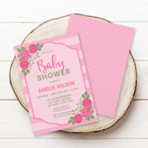 Invitación de Baby Shower de Niña Rosa con Rayas y