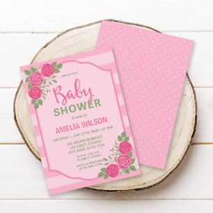 Invitación de Baby Shower de Niña Rosa con Rayas y