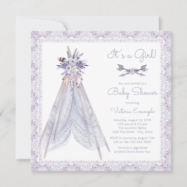 Invitación de Baby Shower de Niña TeePee Encaje La (Anverso)