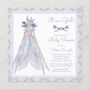 Invitación de Baby Shower de Niña TeePee Encaje La