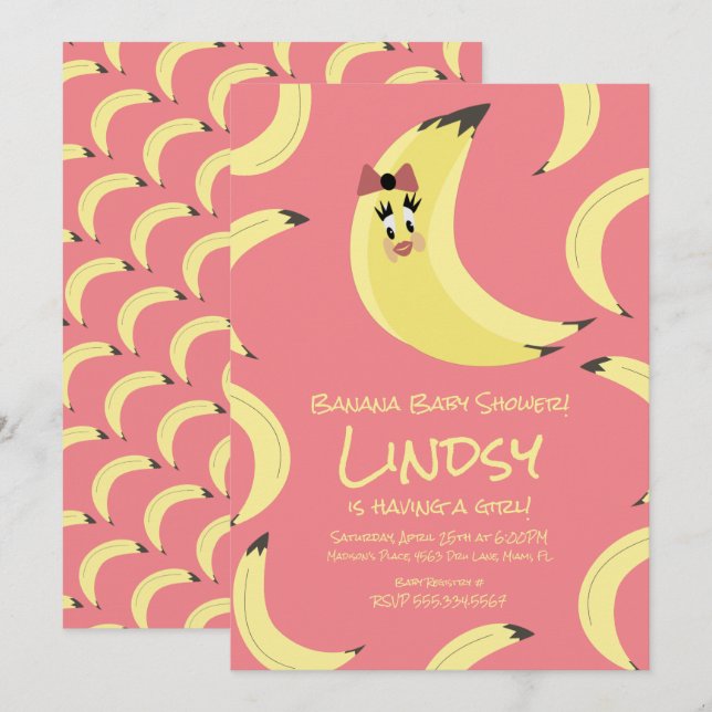 Invitación de Baby Shower de Niñas Rosa Plátano Li (Anverso / Reverso)