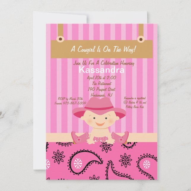 Invitación de Baby Shower de niñita occidental (Anverso)