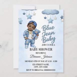 Invitación de baby shower de niño afro en mezclill