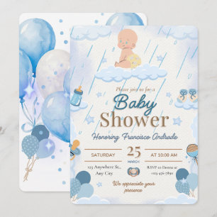 Invitación de Baby Shower de Niño Azul con Globos 
