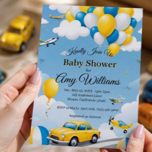 Invitación de Baby Shower de Niño con Autos y Avio