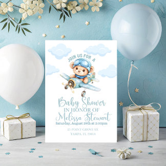 Invitación de baby shower de niño con avión