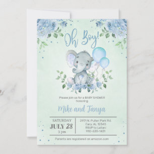 Invitación de Baby Shower de niño con elefante y g