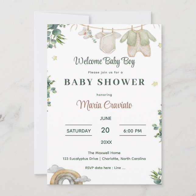 Invitación de Baby Shower de Niño con Eucalipto (Anverso)