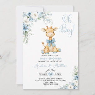 Invitación de baby shower de niño con jirafa azul