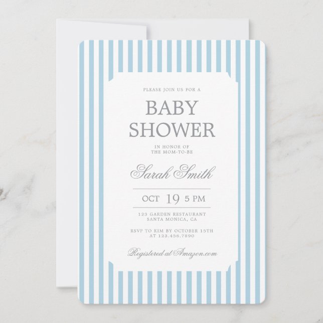 Invitación de baby shower de niño con rayas azules (Anverso)