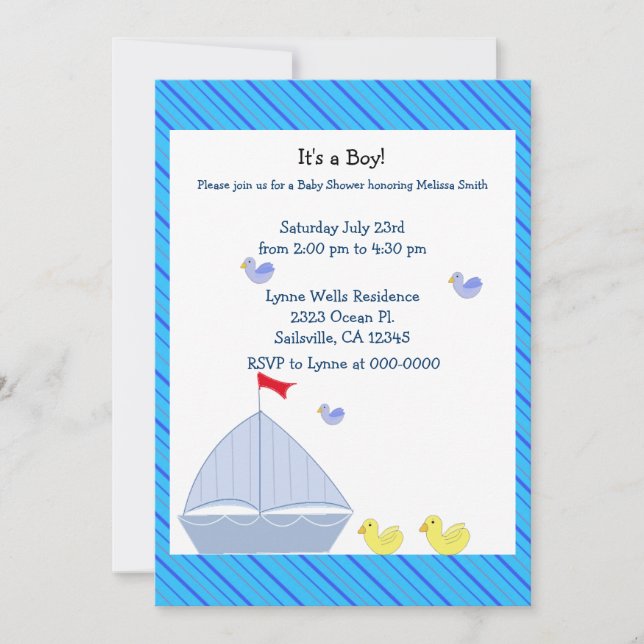 Invitación de Baby Shower de niño con tema de vele (Anverso)