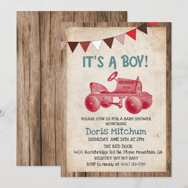 Invitación de Baby Shower de Niño con Tractor Vint (Anverso / Reverso)